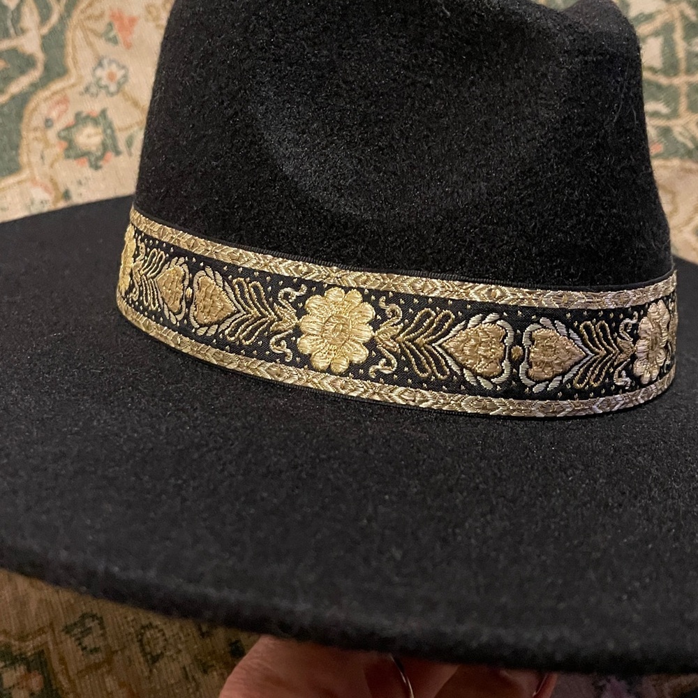 Black Wide-Brim Hat with Gold Floral Band